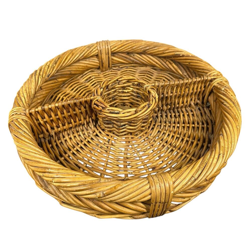 Boho Wicker Large Round Chips & Dip Serving Basket Tray Brown Divided 14.5"
